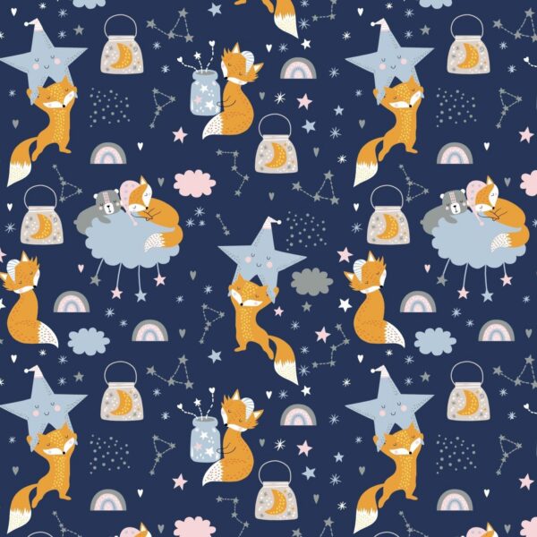 Coton Oeko-Tex imprimé renards et étoiles sur fond bleu marine